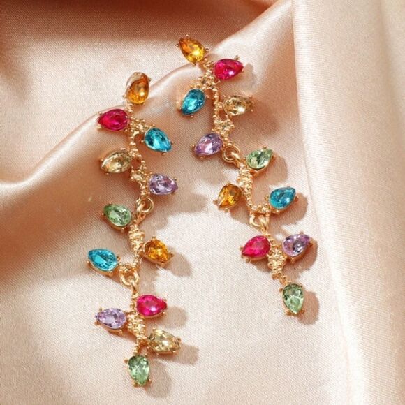 Colorful Multi-Color Rainbow Rhinestone Dangling Drop Earrings - Picture 4 of 4